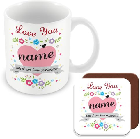 MUGGZ Personalised – Mug & Coaster Giftset - Nanna Nan Nannie Gran Grandma Auntie Neice or Any Name or Add Any Name - Add Custom Text - Love Heart & Flowers Design