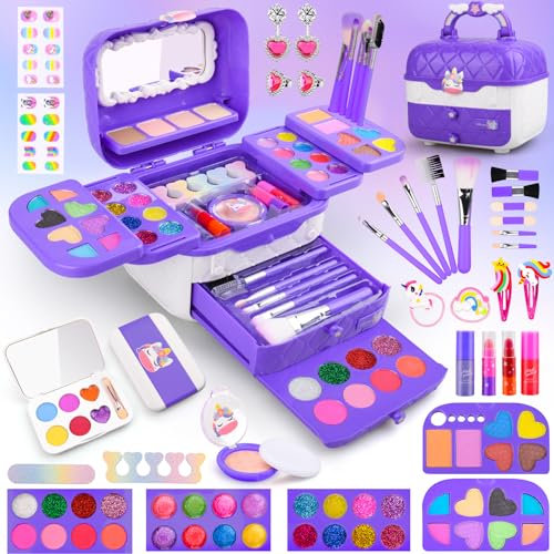 Auney Kinderschminke Set Schminkkoffer Mädchen,80PCS Waschbar Schminke Kinder Schminkset Mädchen, Schminktisch Kinder Make Up Set Mädchen Spielzeug Einhorn Geschenke für Mädchen 4-10 Jahre(violett)