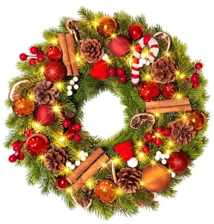 Weihnachtskränze für die Haustür, 50,8 cm, Beleuchteter Künstlicher Weihnachts-Türkranz mit Weihnachtskugel und Tannenzapfen, Tannennadeln, Weihnachtskränze für Feiertage, (B)