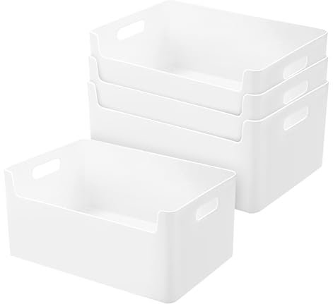 LYLIDIA 4 Stück Aufbewahrungsbox Küche Bad Körbe Kunststoff 25 cm Niedrigeren Vorderseite Aufbewahrungskorb Weiß Aufbewahrungsboxen Organisationsboxen Plastikbox Regal Schrank Organizer Boxen