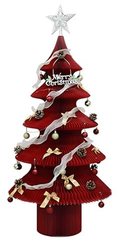 Árbol De Navidad De Papel con Accesorios, Árbol De Navidad Plegable para Fiesta, Árbol De Navidad De Panal para El Hogar(Red,42.5x78.7in)