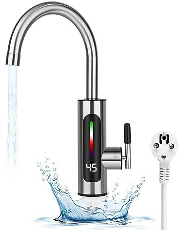 Elektrische Wasserhahn mit Durchlauferhitzer 230v für Küche, 3000W Edelstahl-elektrohahn mit LED-temperaturanzeige, 360 ° Drehbarer Wasserhahnauf Küchenarmatur Wasserhahn für Küche Durchlauferhitzer