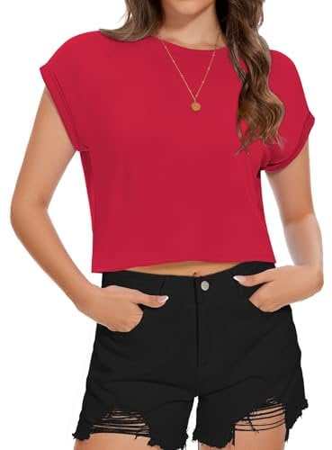 Womens Short Sleeve T Shirt Summer Loose Fit Tees Round Neck Causal Crop Tops(Red,S)
