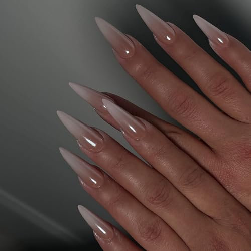 MouyouGlow Press on Nails Lang,Stiletto Nude Verlauf Weiß Milchig Sheer Glazed Donut Hailey Bieber Fake Nails mit Nagelkleber,Natürlich Gradient White Chrome Fingernägel