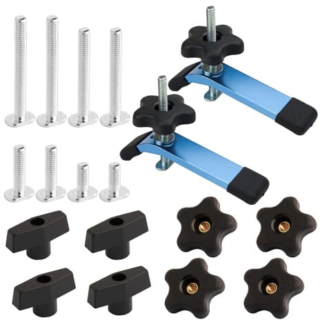 POWERTEC 72250 T-Track-Halteklemme, 14 cm L x 3,8 cm B, 2 Stück, T-Schienenknauf-Set mit Gewindeknöpfen und 5/16-Zoll-18 T-Schienenschrauben, 16-teiliges Set, T-Schienenzubehör für