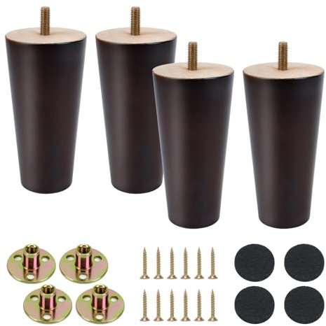 KINDPMA 4 Stück 12cm Möbelfüße Holz Möbelbeine Konisch Walnussfarbig Beine für Möbel Tischbeine Kegel Schrankfüße mit Montageplatte, Schrauben, Holzfüße für Couch Schrank Bett Tisch Kommode Couchtisch