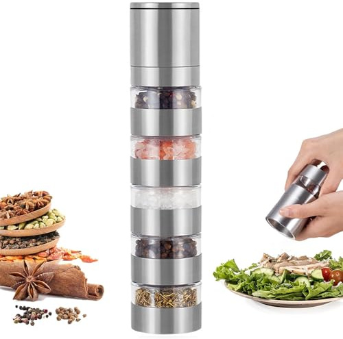 katmerio 5 in 1 Gewürzstreuer, Mini Gewürzgläser Set mit Deckel, Reise und Picknick Gewürz Set mit Gewürzmühle, Edelstahl Tragbare Gewürzdosen für Outdoor Picknick, BBQ,Reise Spice Jars Gewürzstreuer