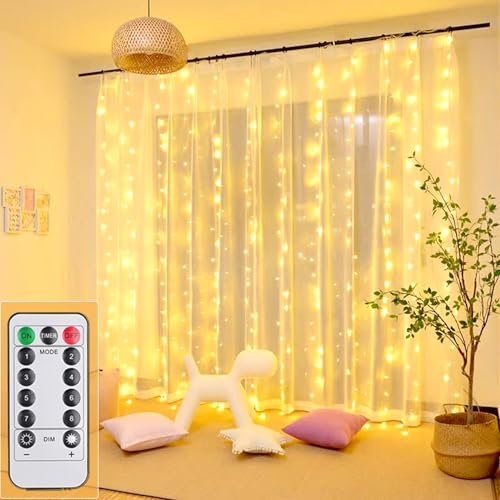 300LED Lichtervorhang Warmweiß, 3mx3m Lichterkettenvorhang USB 8 Modi LED Lichterkette mit 12 Haken Fernbedienung Timer verstellbare Helligkeit für Weihnachten Party Innen und außen Deko