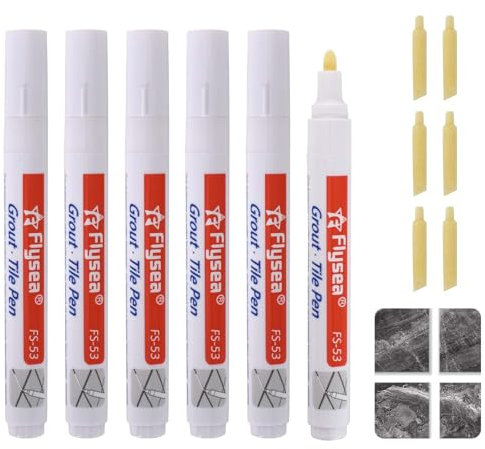 Grout Pen Pack of 6, Joint Repair Marker Pen with Replacement Tip, Joint Filler, Waterproof Grout Paint Pen for Tile, Bathroom, Kitchen, Floor & Wall Restoration, Mould Repair (White, One Size)