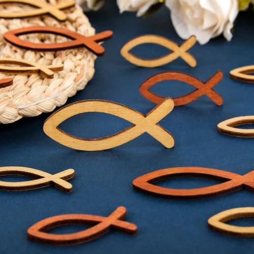 ARTREE Holz Fisch Deko Set, 96 Stück Fische Streudeko Tischdeko, Holz Deko Fische Verzierung für Taufe, Holz Fische Streudeko Taufedeko Junge Taufe, Kommunion und Konfirmation,Wooden Fish