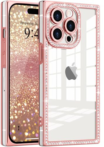 ROSEHUI Glitter Case for iPhone 14 Pro Max,Clear Rectangle Electroplated Sparkle Bumper with Bling Rhinestones Phone Case for Women,Sparkly Diamond Camera Protection Soft Slim TPU Cover-Rose Gold