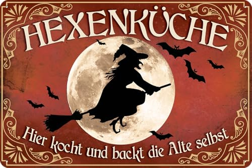 Retro Blechschild für Hexen Fans, HEXENKÜCHE – Hier kocht und backt die Alte selbst! Lustiger Spruch, Warnhinweis, Deko Schild, 30 x 20 cm (Besen)