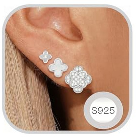 Kleeblatt Ohrringe Set für Damen,Paar 925 Sterling Silber Ohrstecker in Mehrfarben,Zartes Clover Design als Mode Schmuck