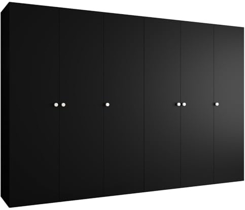 MEBLE KRYSPOL - Kleiderschrank - Garderobenschrank - 300 cm x 202 x 52 cm - Schrank mit Kleiderstange, 6 Türen - für Schlafzimmer, Flur - Parma, Schwarz, Griff Silber