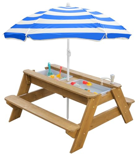 Mesa de actividades de arena y agua 3 en 1 para niños, de madera, para exteriores, mesa de picnic convertible con sombrilla, 2 cajas de juego, parte superior desmontable, mesa con grifo para