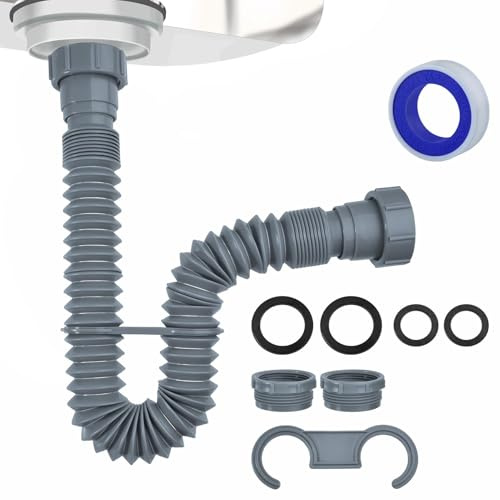 LEONTOOL Flexible Sink Drain Pipe 1-1/2 Inch, Adjustable P Trap Kit with 1-1/4 Inch Adapters and Sealing Washers, Expandable 9.8 to 29.5 Inches, Under Sink Plumbing for Bathroom & Kitchen