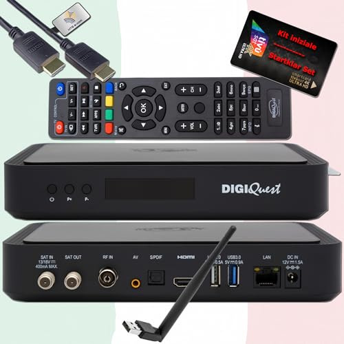 DigiQuest Q99 - Ricevitore satellitare 4K con scheda TiVuSat attivata Nero + WiFi Stick - Italia TV Rai Mediaset LA7, HEVC HDR, PVR Ready, LAN, USB, ricevitore certificato + cavo HDMI HTS e-com