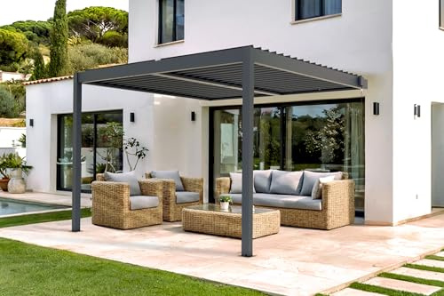 Cazeboo Pergola bioclimatica PIANA 3x3m addossata, in alluminio grigio con 1 lamella frangivista.