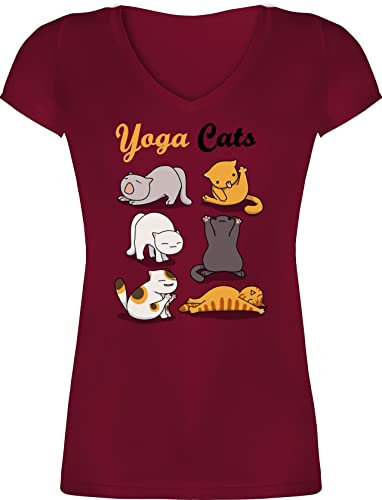 T-Shirt Damen V Ausschnitt - Sprüche Statement - Yoga Cats - M - Bordeauxrot - yogashirts katzenshirts cat Katz Shirts Shirt Katzen-Shirt Katzen Katze. Tshirt Tops katzenmotiv Katze yogakatze