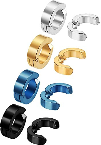 8 pièces Non-Piercing Boucles d'Oreille Clip d'Oreille Faux Anneaux d'Oreille pour Hommes et Femmes, en Acier Inoxydable, 4 Couleurs