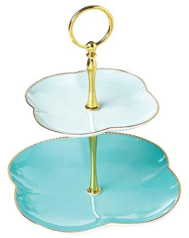 YBK Tech Plateau de service en porcelaine anglaise à 2 étages - Motif trèfle - Bleu