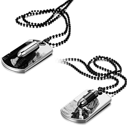 JewelryWe Schmuck 2pcs Herren Halskette mit persönlicher FOTOGRAVUR | Bild & Text Wunsch-gravur, Patronenhülse Militärischen Erkennungsmarken Armee Stil Dog Tag Anhänger mit 70cm Kette, Schwarz Silber