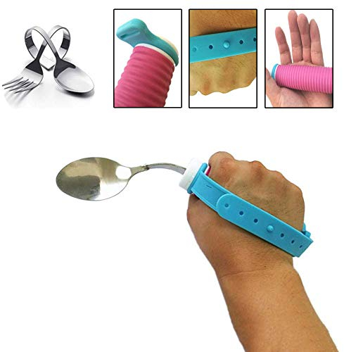 GHzzY Cuchara Adaptable para temblor de Manos - Cuchara Curva giratoria giratoria de 360 ° con asa Antideslizante y Correa de Mano para Pacientes de Edad Avanzada y con Parkinson