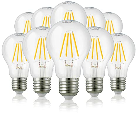 Hellum Lampadina Filamento LED, Dimmerabile LED, 10 pezzi, 5W equivalenti a 40W, con attacco E27, 470 lumen, Luce bianca calda 2700K, Forma a Lampadina A60, vetro transparente, senza sfarfallio 206500