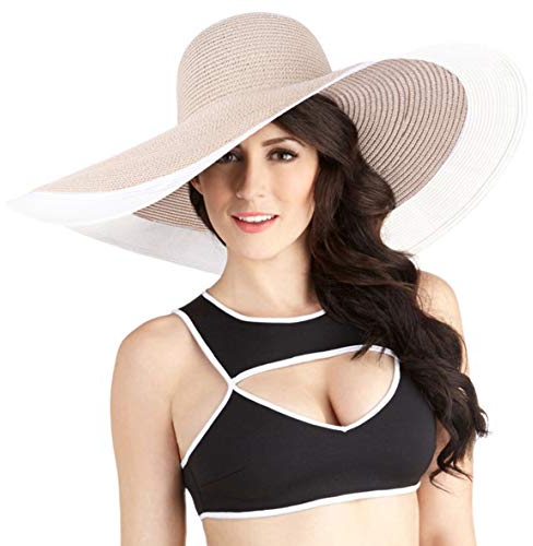 VECRY Femme Paille Large Bord D'été Chapeau Derby Pliable Souple Plage Soleil Chapeaux (Beige)