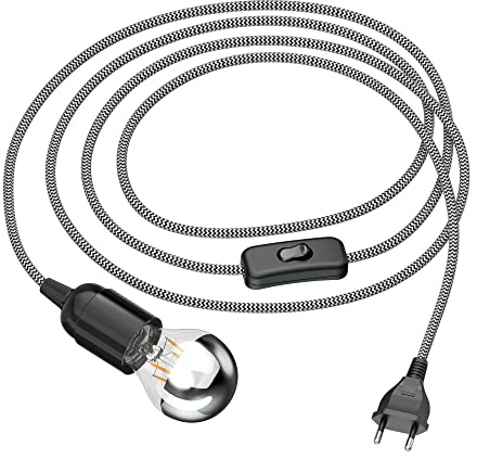 ledscom.de Textilkabel LEHA mit Stecker und Schalter, schwarz/weiß, 3 m inkl. Leuchtmittel 5,82W 667lm warmweiß