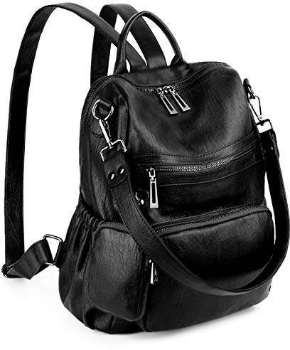 UTO Travel Backpack Women Mother Mum Laptop Rucksack School Bag for Teenage Girls Multi Zipper Pocket with Detachable Pouch PU Leather Black