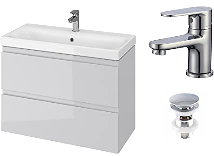 VBChome Badmöbel 80 cm Slim Grau mit Armatur und Pop-up ventil Waschbecken mit Unterschrank Waschtisch 2-Schubladen