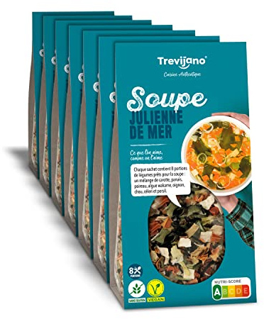 Trevijano Zuppa Juliana di Mare: 7 sacchetti da 100g (700g di verdure disidratate). Un vassoio per 8 porzioni di verdure: carota, pastinaca, porro, alga wakame, cipolla, cavolo, sedano e prezzemolo.