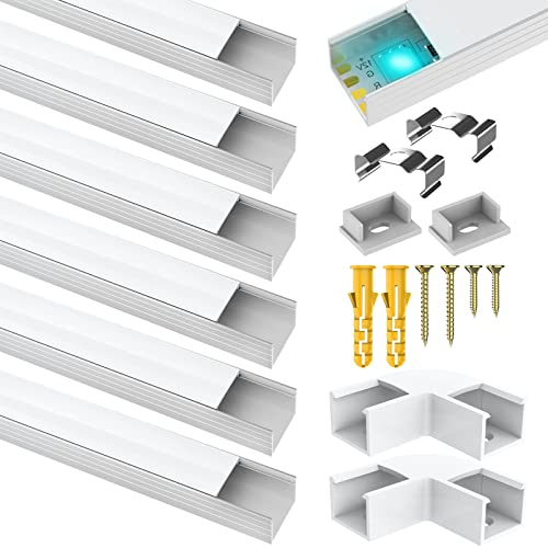 Jirvyuk Lot de 6 profilés LED en aluminium en forme de U de 1 m, diffuseurs LED pour bandes lumineuses LED Philips Hue avec couvercle blanc laiteux, embouts et clips de montage en métal (1M*6Pack)