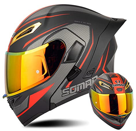 Integralhelm Motorradhelm Doppelvisier Mit Pinlock-Visier Straßenfahrradhelm Für Herren Damen ECE-Geprüfter Modularer Klapphelm Mit Getöntem/Klarem/REVO/Dunklem Visier – Mattschwarz Rot D,M