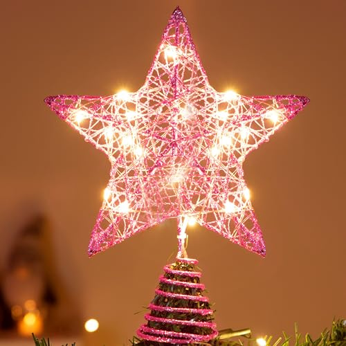 Joiedomi Christmas Tree Toppers, Battery Powered Glitter Pink Star Tree Topper Lighted with 20 LED Warm White Lights for Xmas Tree Decorations, Holiday Party Indoor Decor