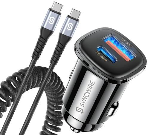 SYNCWIRE PD 30W & QC 3.0 60W USB C Car Charger with Type C 12V Charging Cable for iPhone 15 Pro Max, Samsung S23, Google Pixel 7