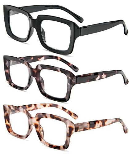 MMOWW 3-Pack Reading Glasses for Women - Blue Light Blocking Stylish Oversize Square Frame Anti Glare Digital Eyestrain Ladies Reader (Black + Brown Grey Tortoiseshell + Tea Tortoiseshell, +3.5)