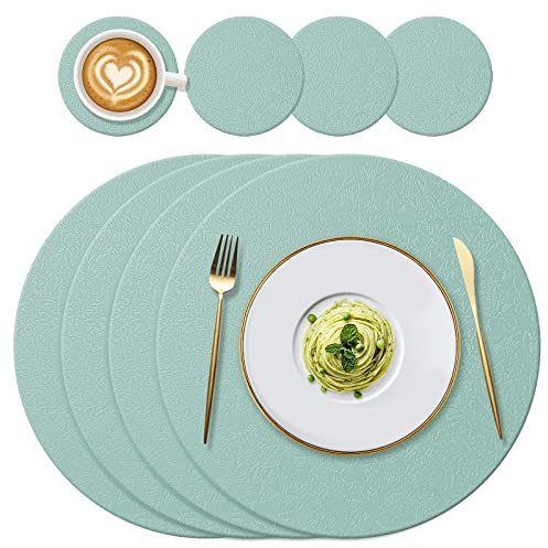 YUNJUER 4 Runde Silikon Tischset (34 cm) und 4 Untersetzer (10 cm) Set, Hitzebeständige 230 °C Platzdeckchen, rutschfest und Waschbar, für Restaurant Innenbereich, Outdoor Glas Esstisch, Hellgrün