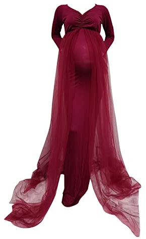 SoLu DAY8 Robe Maternité Grossesse Shooting Photo Tulle Col en V Manches Longues Robe Femme Enceinte Grande Taille Pas Cher Chic Et Elegant Mariage Ceremonie Soiree Cocktail