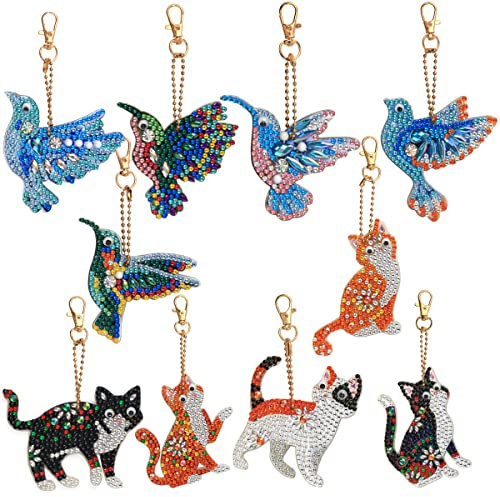 jsysj 10 Stücke Diamond Painting Schlüsselanhänger Set, Verschiedenes von Katzen und Vögel Form 5D DIY Doppelseitige Diamant Malerei Anhänger, Strass Painting Stickerei Schlüsselbund, Art Craft Kit
