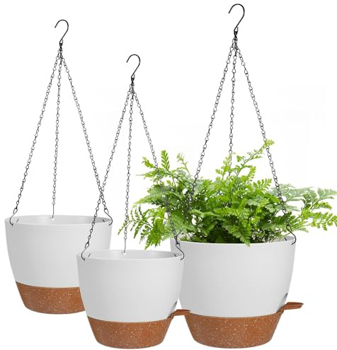 Lucieblessdesign 10/9/8 Inch Hanging Planter for Indoor Outdoor Plants, 3 Pack Self-Watering Hanging Pot with Drainage Holes Hanging Planter Baskets Plant Pots with Removable Tray (White+Brown)