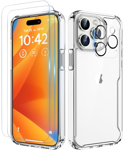 ORETECH Kompatibel mit iPhone 15 Pro Max Hülle mit [2 Displayschutzfolie, 1 Kameraschutz] Stoßfest Kratzfeste Schutzhülle Bumper Transparent Handyhülle für iPhone 15 Pro Max Case 6.7-Durchsichtig
