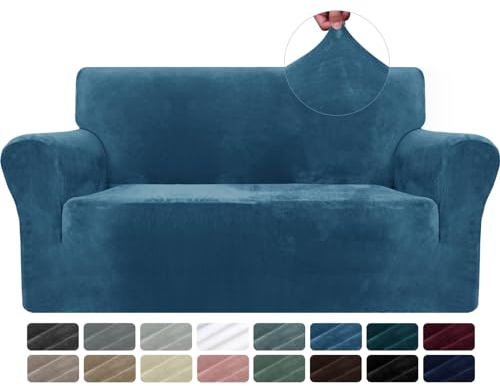 CYCMACO Samt Sofa Überzug 2 Sitzer, Sofabezug Elastische, Couch Überzug Haustier Katze Hunde, Universal Sofa Cover Moderne, Sofahusse Mit Armlehnen, Sofaschoner rutschfest, Pfau Blau