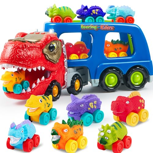 JOYIN Mini Dinosaurier LKW Spielzeug, mit 6 Fahrzeugen aus weichem Gummi, mit Musik und Sound, blinkenden Lichtern, Dino Spielzeugautos Geschenke für Jungen und Mädchen ab 3 4 5 Jahren(Blau)