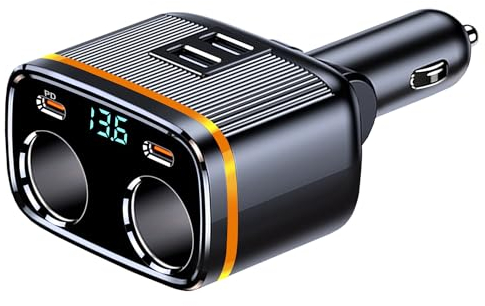 Giantdeer Cargador de Coche Súper Rápido USB C de 145 W,12V/24V Doble Adaptador Encendedor 4 Tomas,Doble USB + Doble PD 45W Cargador De Coche con Voltímetro LED.