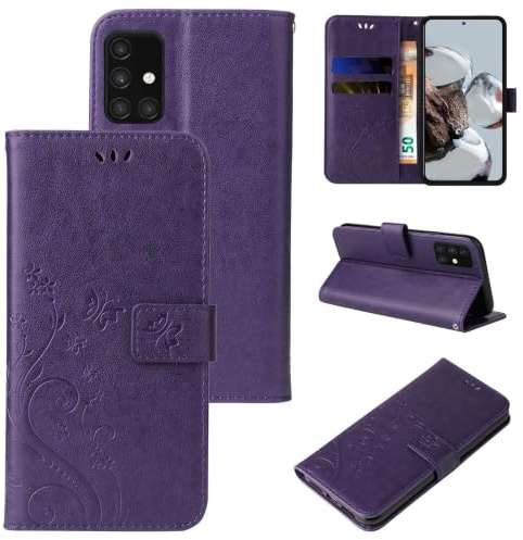 LBH Handy Hülle für Samsung Galaxy A71 Case Handytasche Schmetterling Blumen Flower Standfunktion Schutzhülle Magnet Rundum Schutz 360 Grad Flipcase Cover Violett