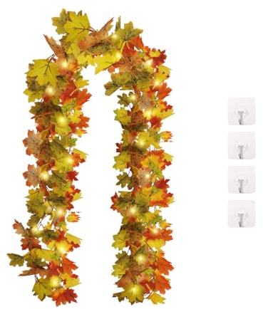 Elepl 2 Stück Blätter Girlande 175cm/Stück Künstliche Ahornblätter Girlande Herbst Blättergirlande Thanksgiving Deko für Innen und Außenbereich Party mit 4pcs Transparente Klebehaken