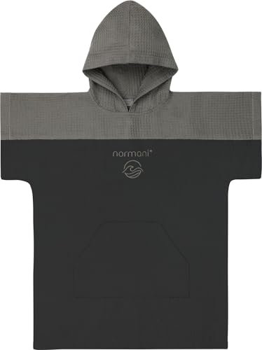 normani Kinder Badeponcho aus Waffelpique 100% Bambusviskose - Handtuch-Poncho mit Kapuze leicht und kompakt - Surfer Poncho in Europa hergestellt Farbe Schwarz Größe 6-9 Jahre