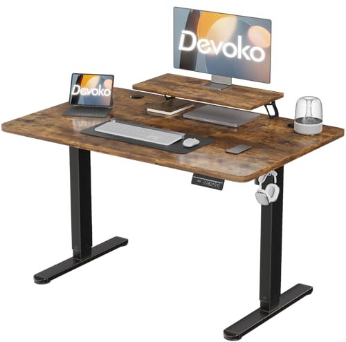 Devoko 140×60cm Elektrisch Höhenverstellbarer Schreibtisch mit Monitorständer, Computer-Schreibtisch, mit 2 Höhen-Speicherfunktionen, Vintagebraun